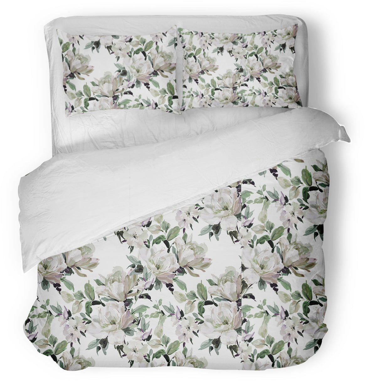 Duvet Cover Set - Green & Lilac Painted Flowers