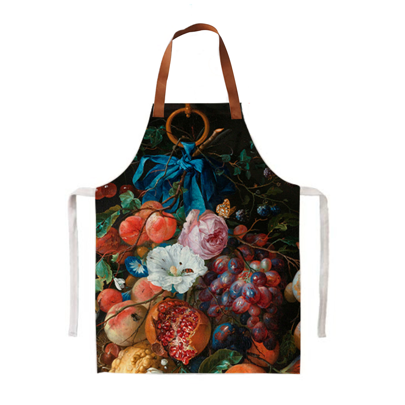 Cloth apron with leather neck strap and white cloth waist straps. Printed artwork on the front titled Still Life. Various Fruit and flowers in dark setting with vibrant orange, red and dark blue. Insects are seen crawling over open fruits and inside flowers.