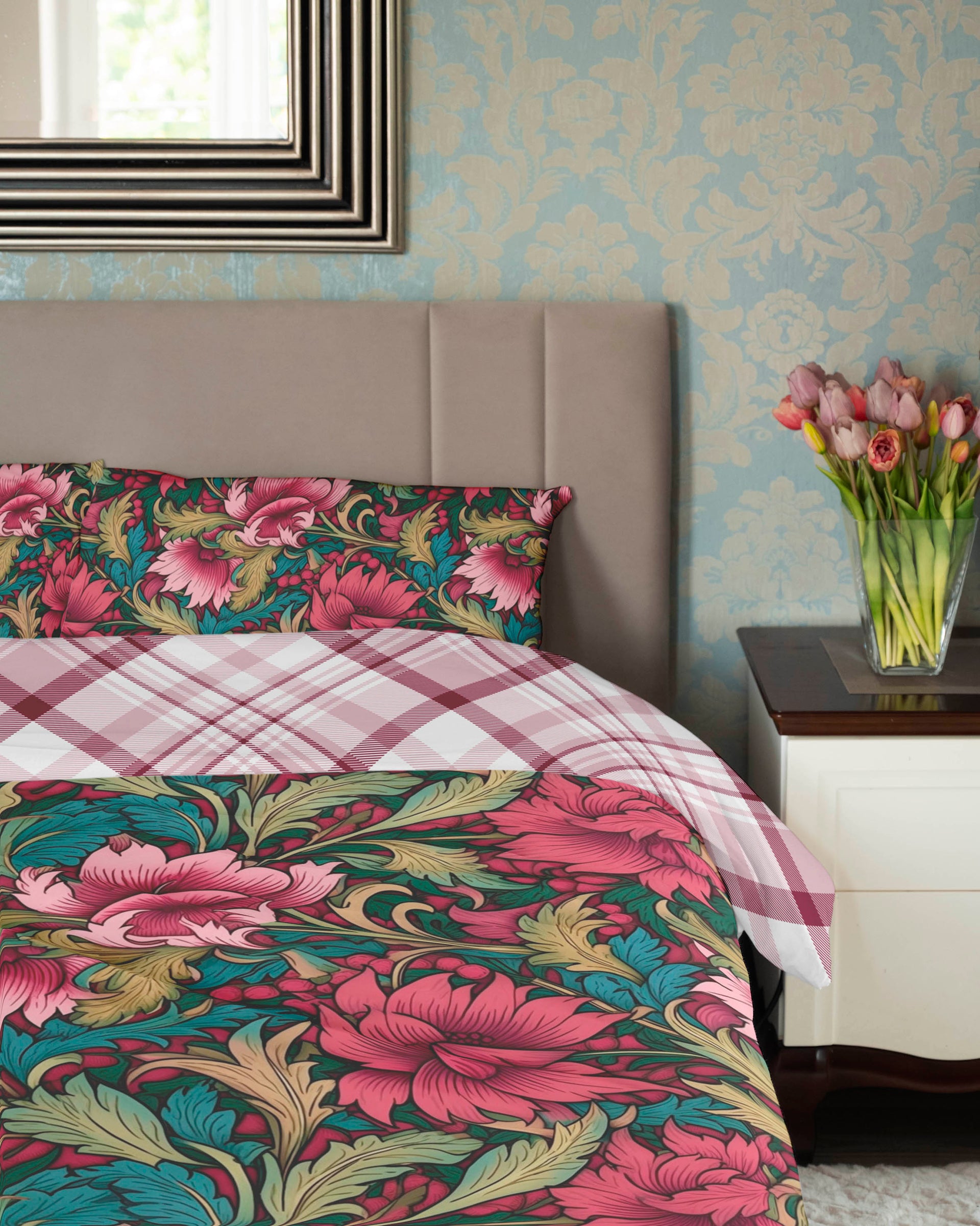 Reversible Duvet Cover Set - William Morris Burgundy Inspired Design