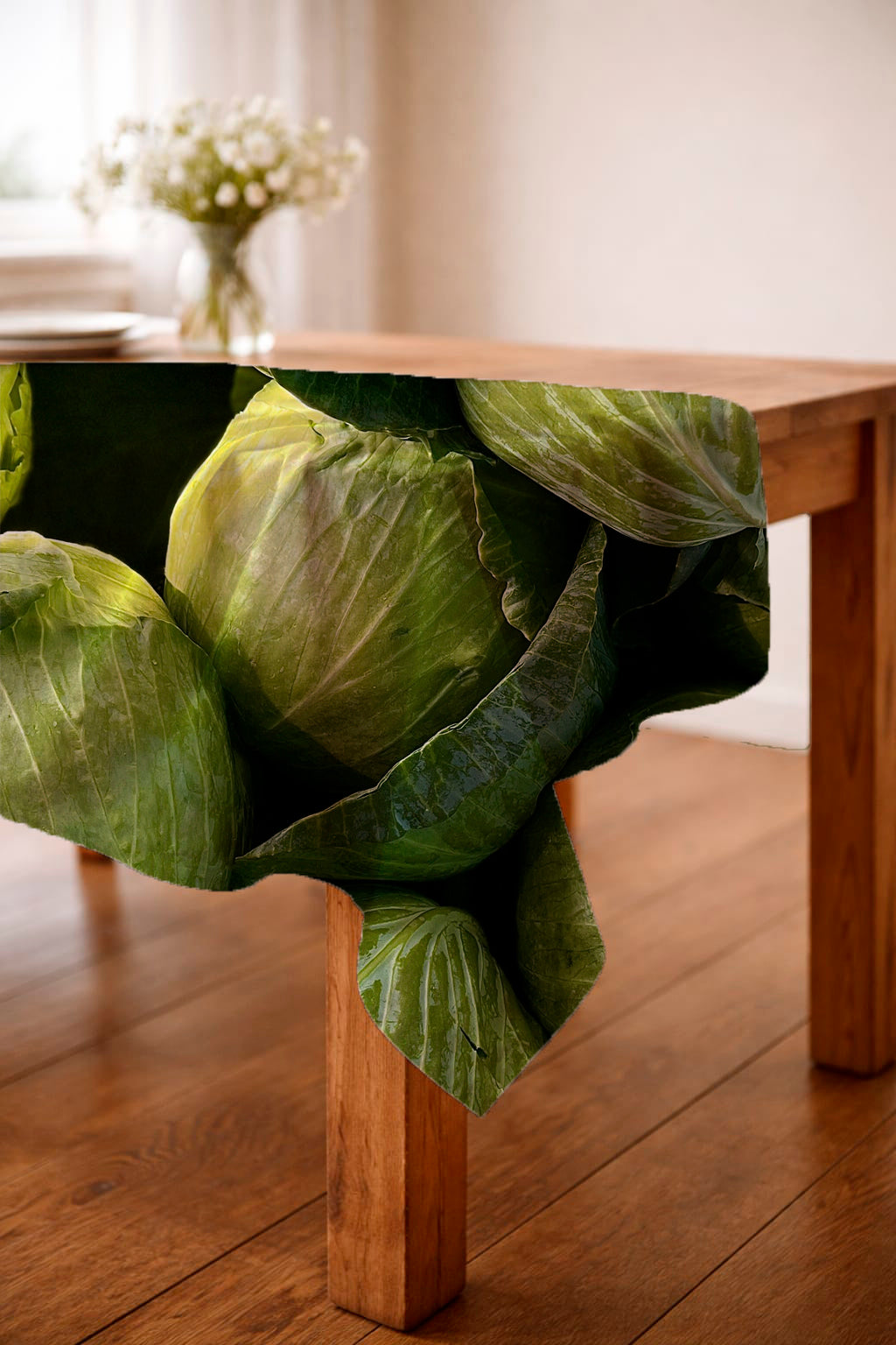 LAPERLE Cabbage Patch tablecloth in natural cotton, styled on a dining table
