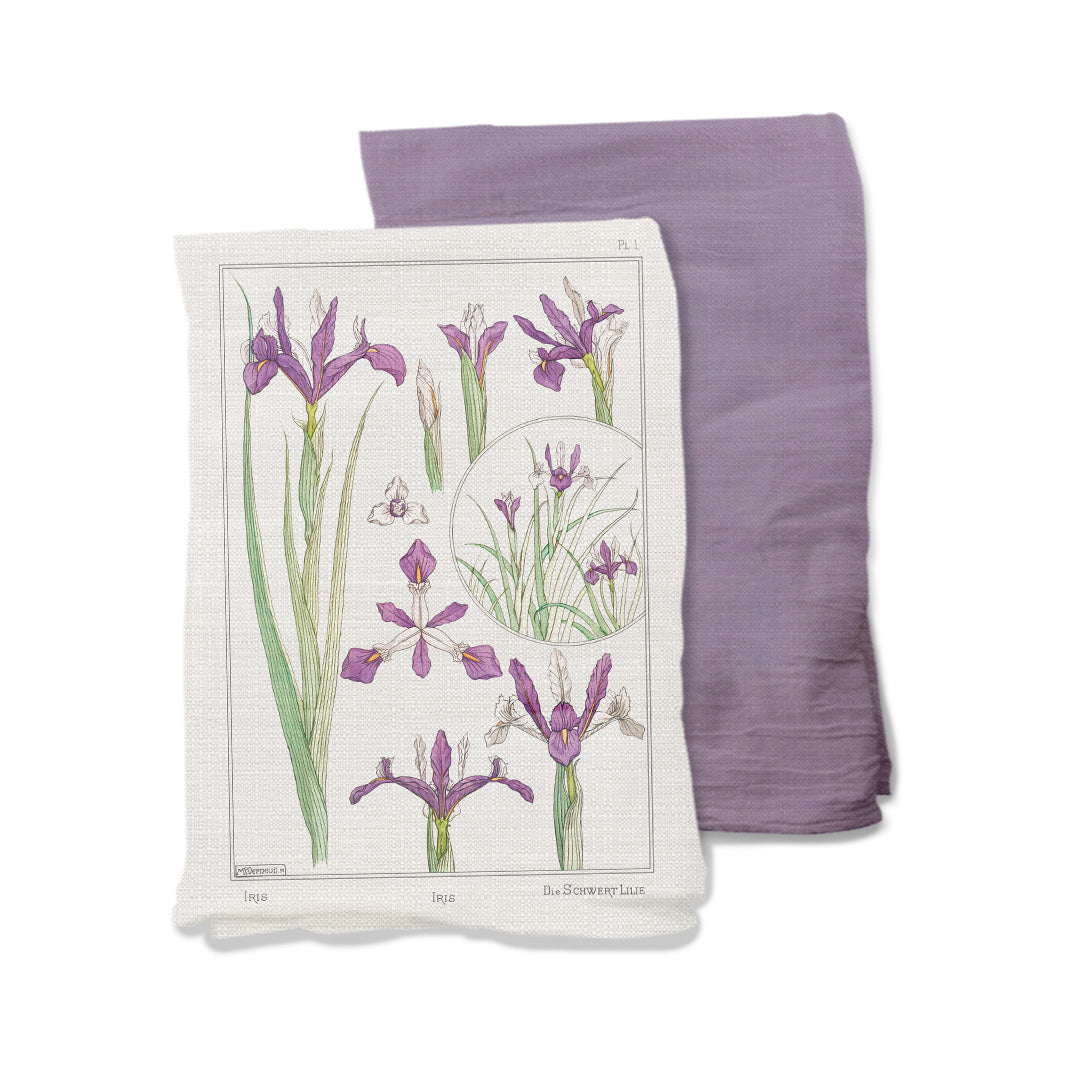 Lilac Tea Towel Set with Iris Embroidery 
