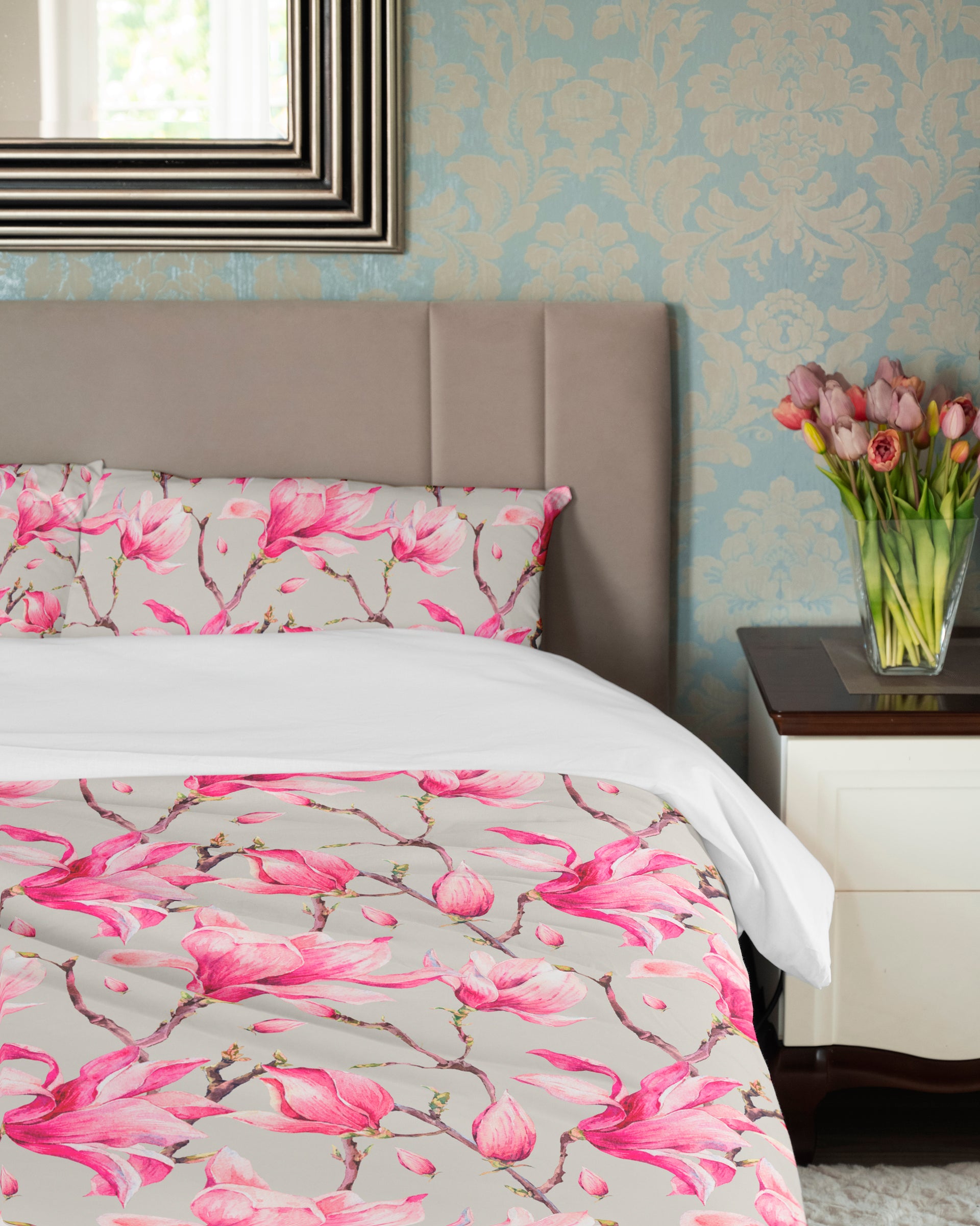 Duvet Cover Set - Pink Magnolia, Twigs and Leaves