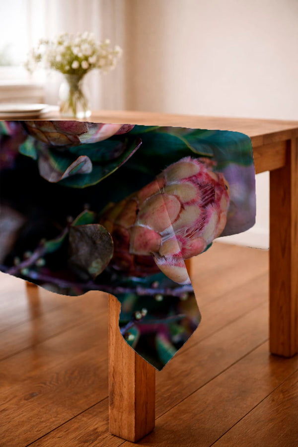 LAPERLE Protea Bunch tablecloth featuring South African protea flowers