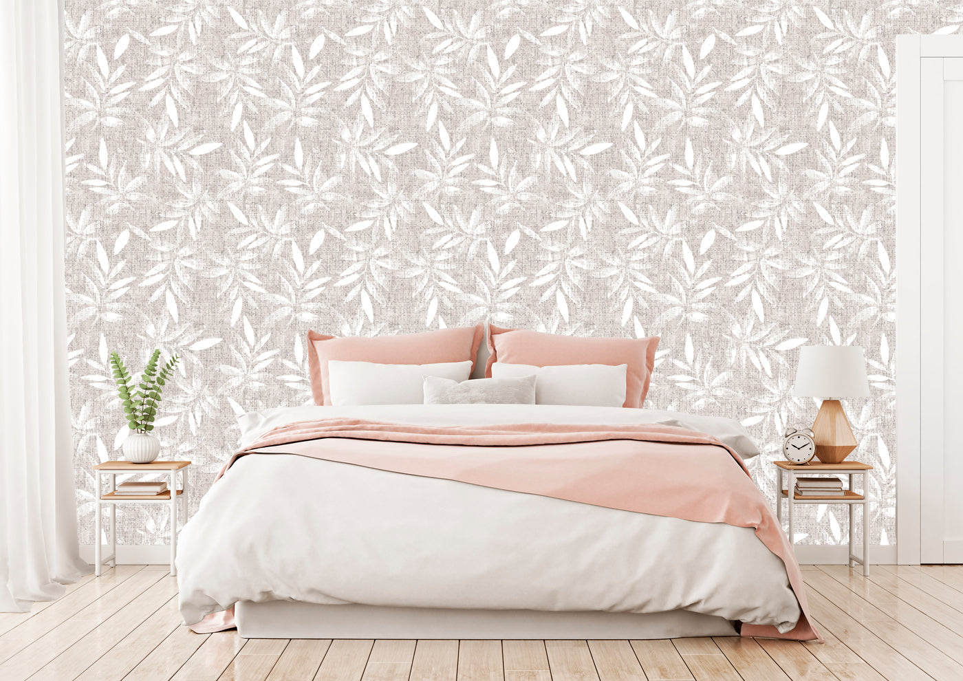 Wallpaper - Linen Texture with White Leaves