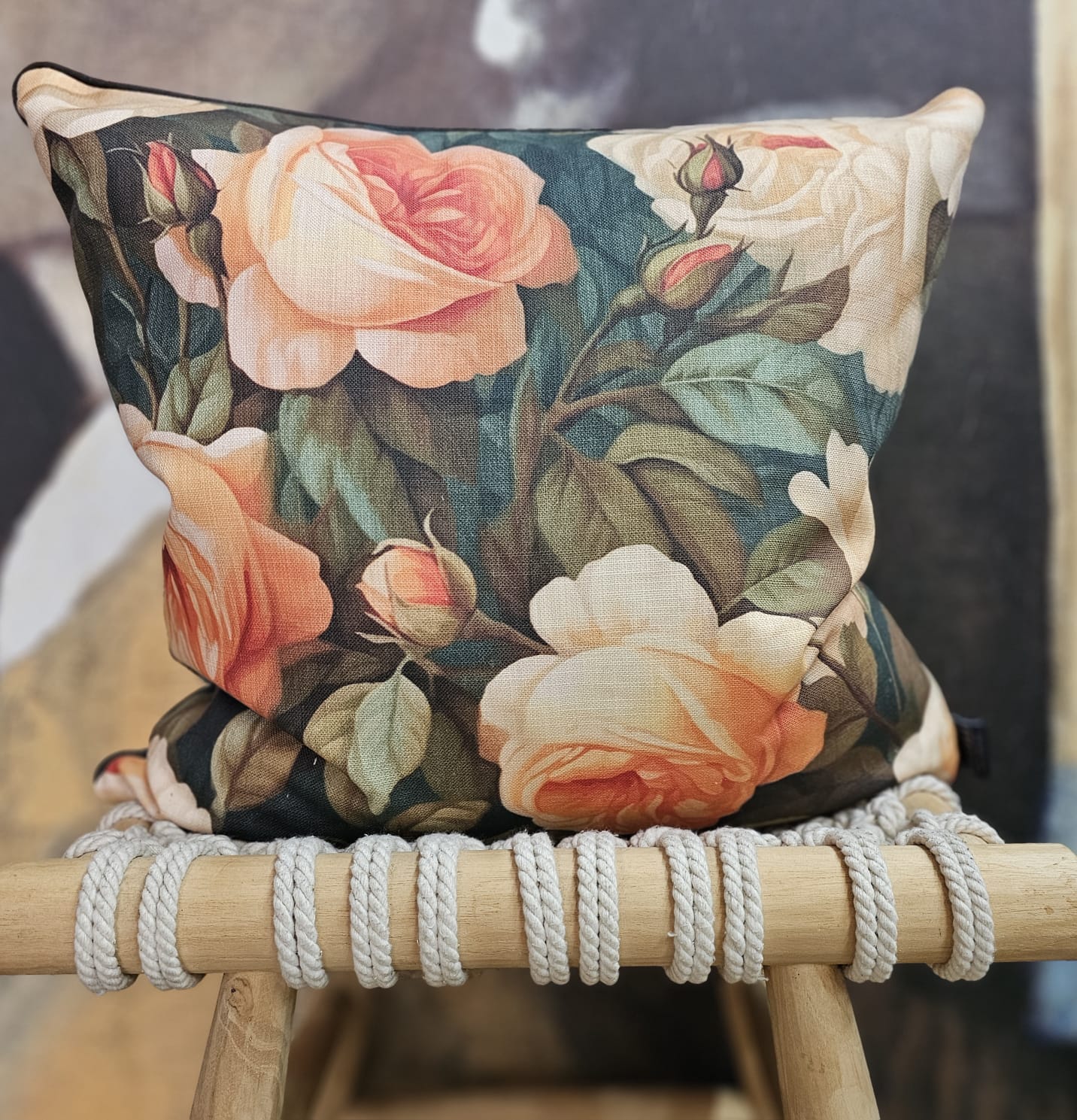 Velvet & Cotton Cushion  - Graceful Roses