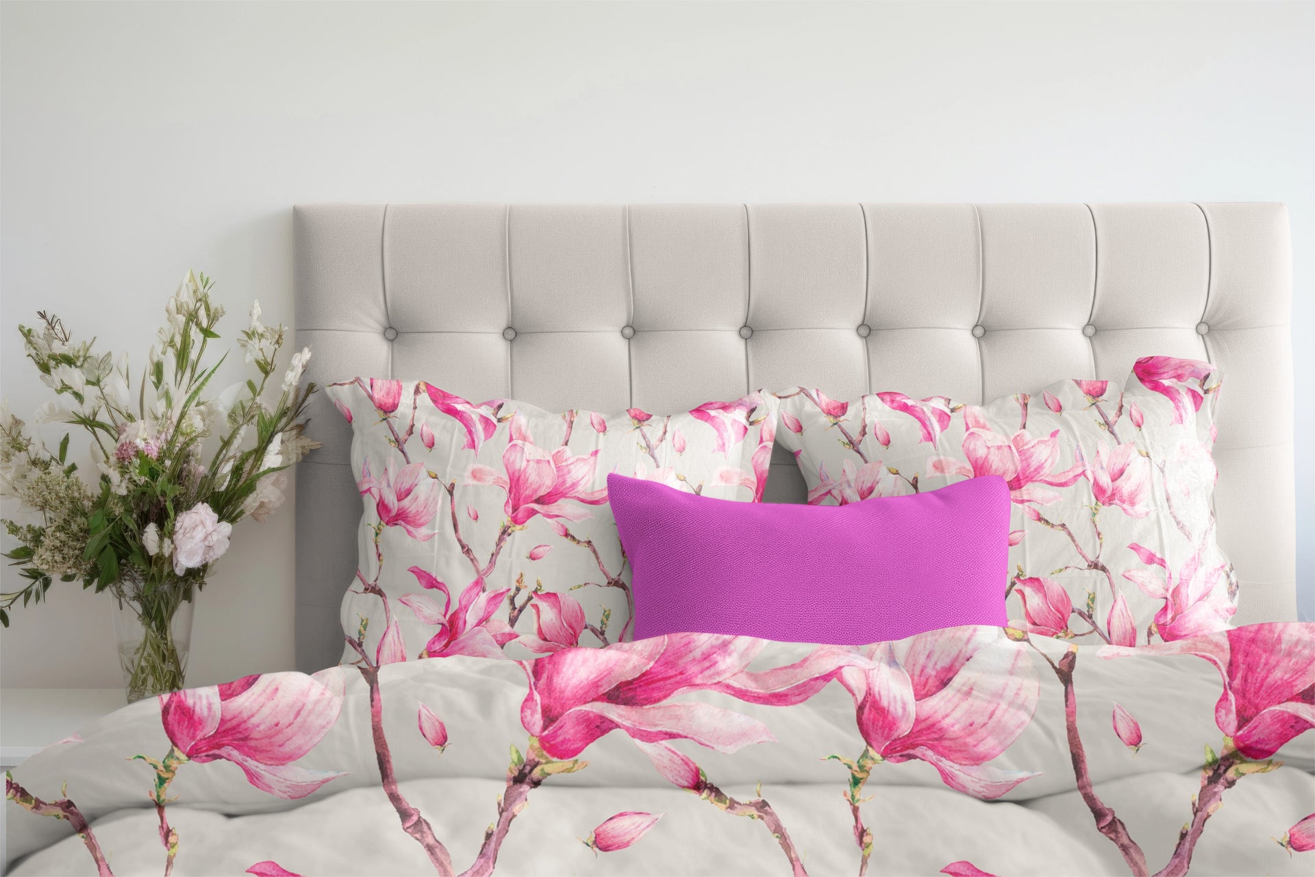 Duvet Cover Set - Pink Magnolia, Twigs and Leaves