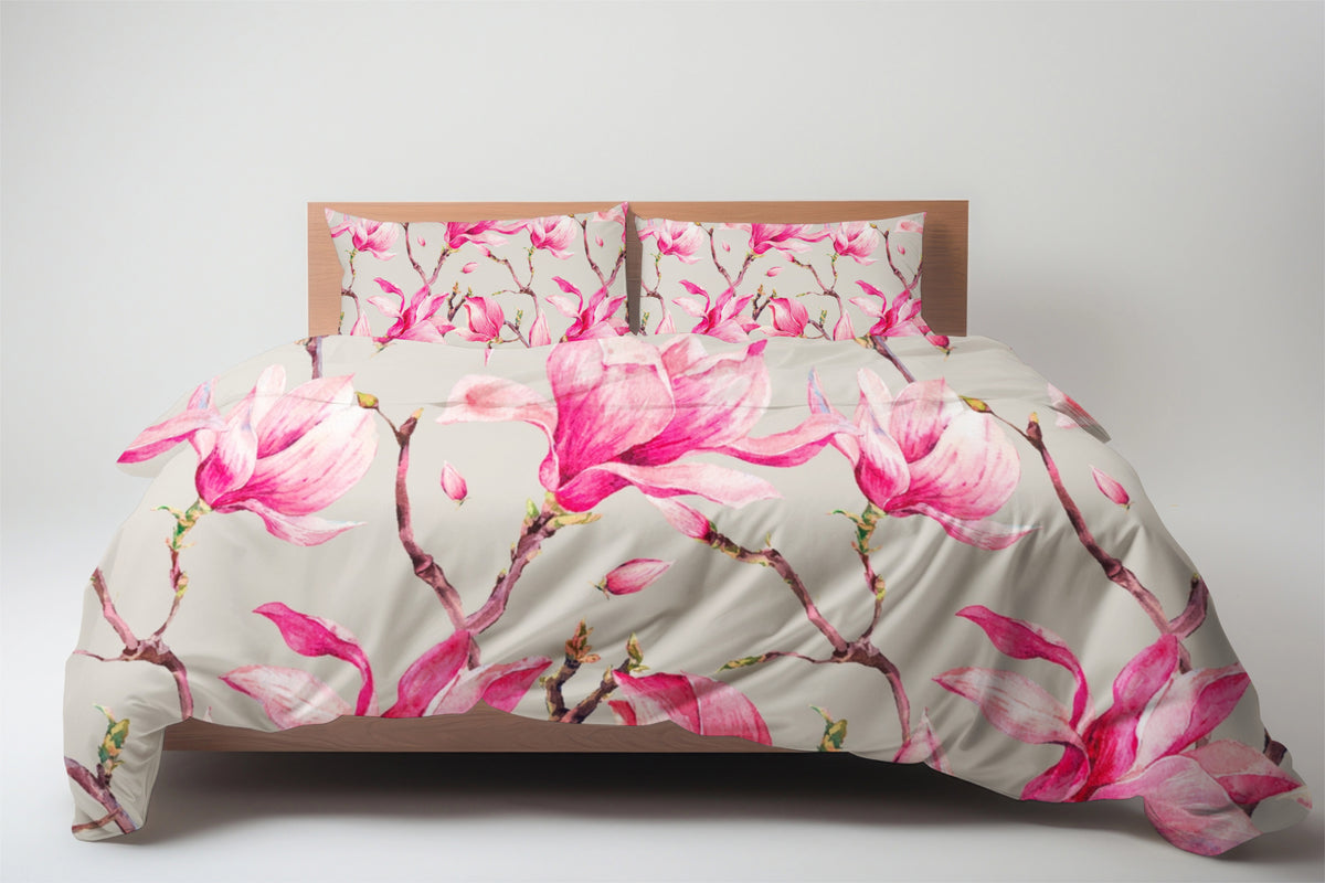 Duvet Cover Set - Pink Magnolia, Twigs and Leaves
