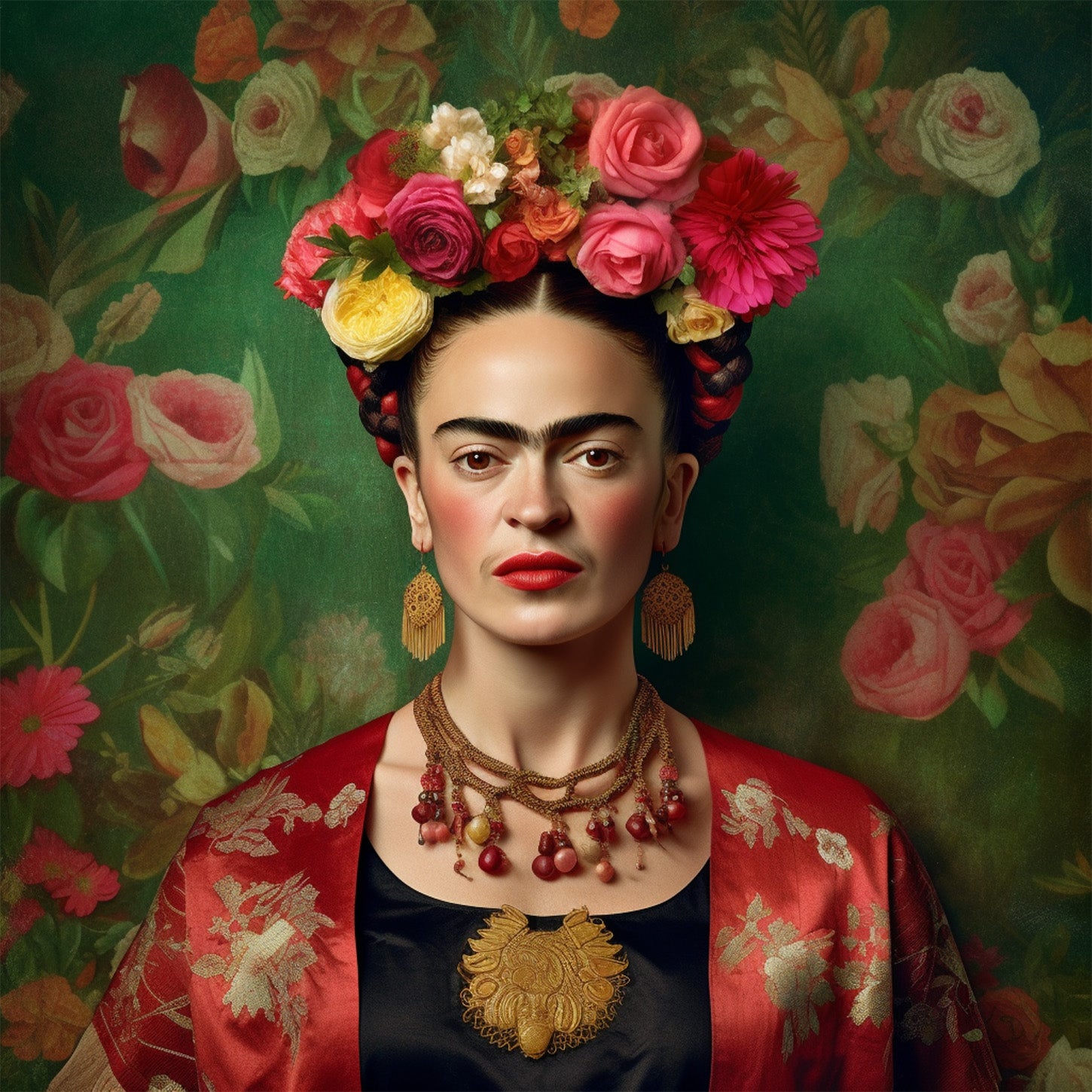 Posterlounge Stampa Su Tela 'Frida Kahlo With Flower Crown' Di Olga Telnova, 40x60 Cm, Pronta Da Appendere, Decorazione Parete Verde
