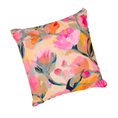 Scatter Cushion  -  Pink & Yellow Painted Flowers