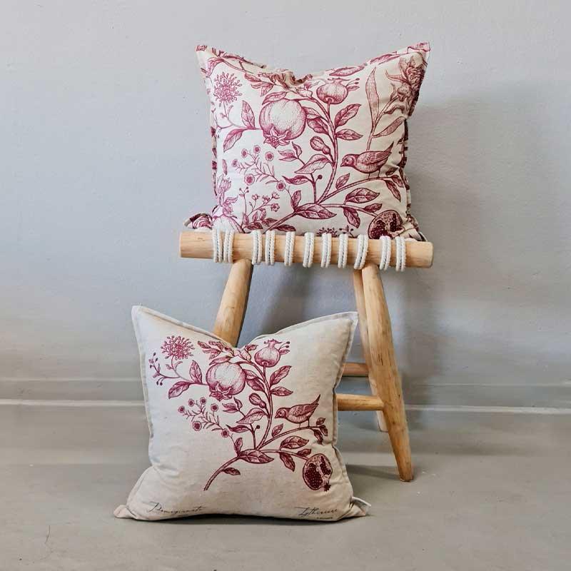 Scatter Cushion  - French red flowers, birds and fruits pattern - LAPERLE
