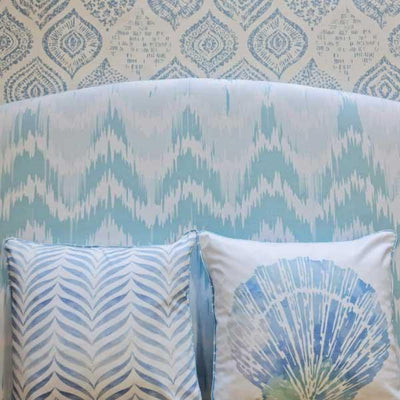 Close up of Finsbury Headboard Blue chevron with scatter cushions