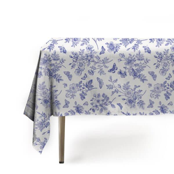 Vintage floral illustration in blue tablecloth