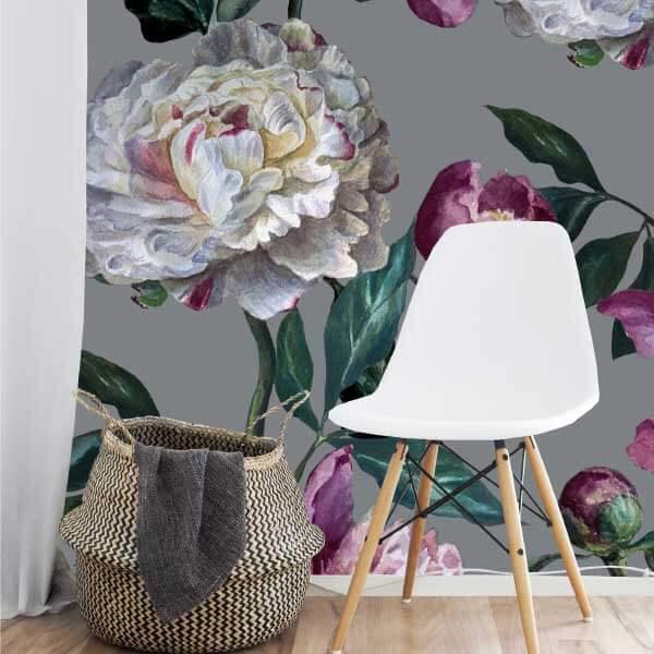 Peonies, white and purple on a silver background wallpaper