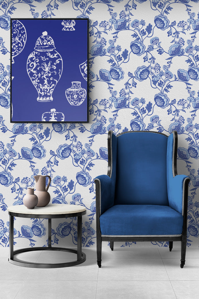 Wallpaper -  Blue Flowers in Chinoiserie Style