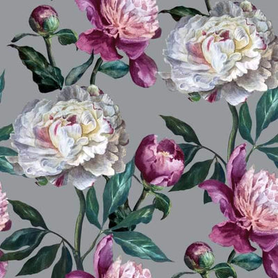 Peonies, white and purple on a silver background print