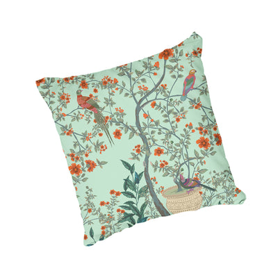 Mint green scatter cushion with bright orange colourful flowers and illustrated birds. Chinoiserie inspired scatter cushion from LaPerle.